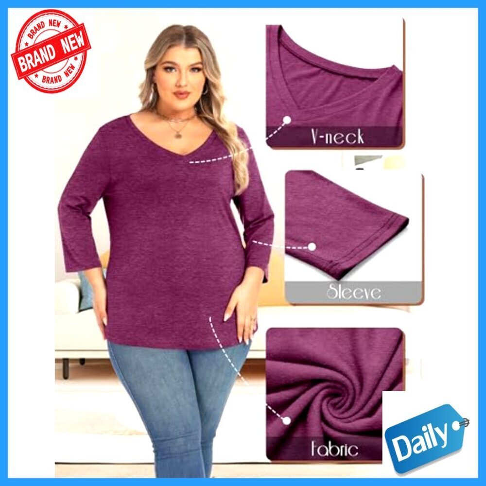 Plus Size 3/4 Sleeve V-Neck Cotton Tops 3-Pack Loose Fit Tees - Picture 5 of 7